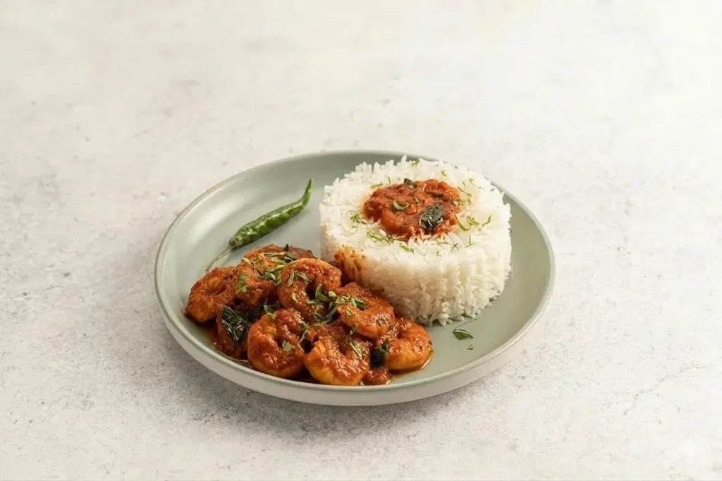 Shrimp in tomato and Basil with rice
