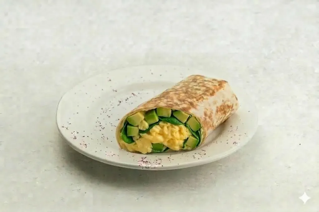 Scrambled Eggs with Spinach and Avocado wrap (H)