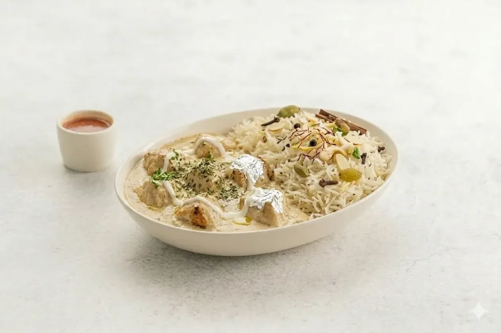 White butter chicken with pulao rice